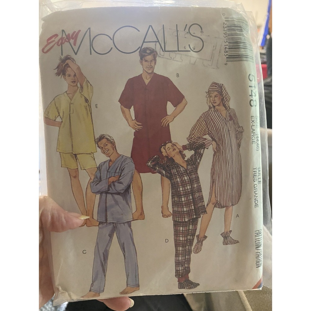 Vintage McCalls Pajamas Sewing Pattern 5148 Size XL Nightshirt Pants Cap Cut